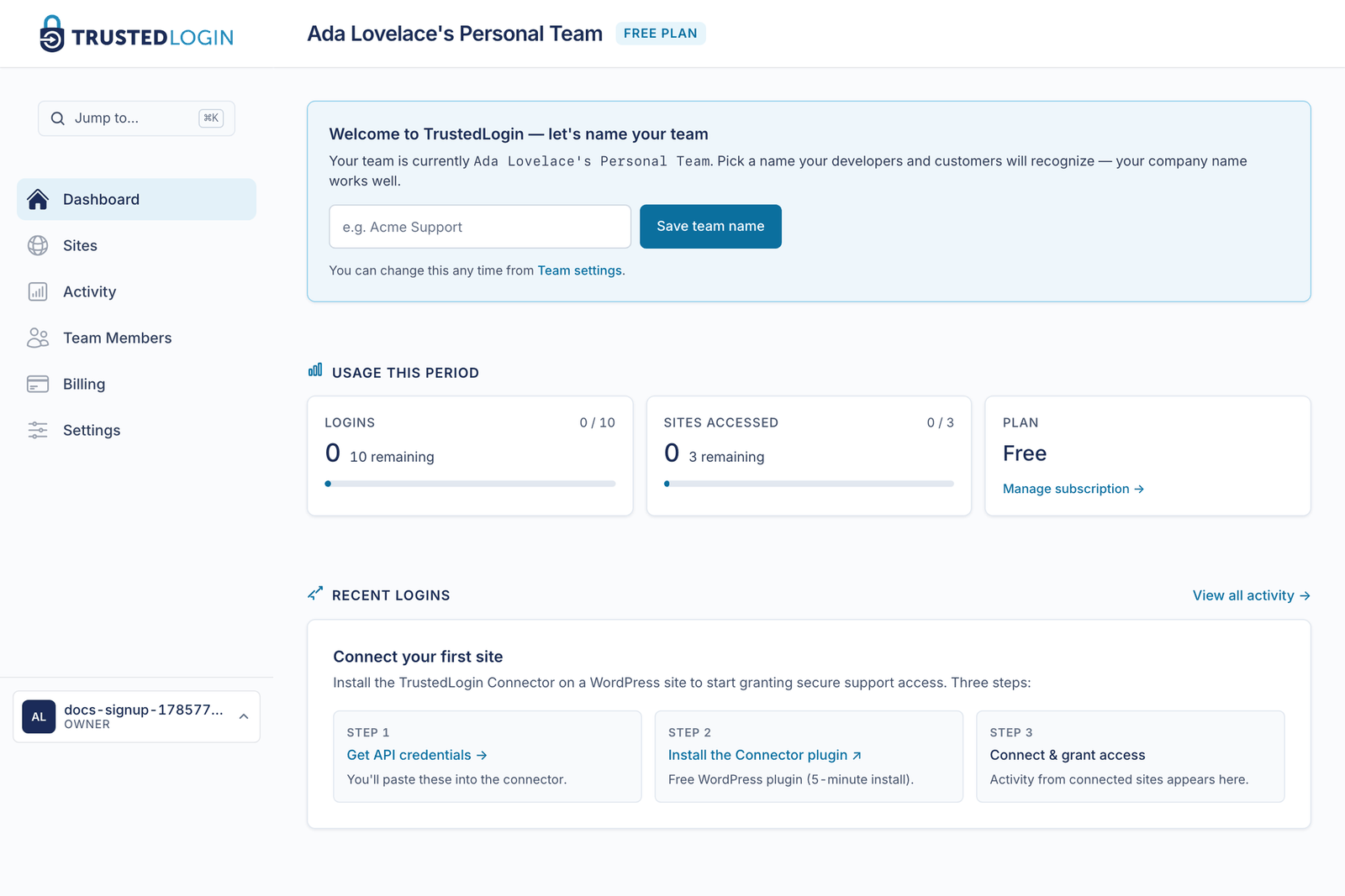 The TrustedLogin dashboard for a new team: usage cards for logins and sites accessed against the plan's monthly caps, a Recent Logins panel with a View all activity link, and a three-step Connect your first site guide covering API credentials, installing the Connector plugin, and granting access.