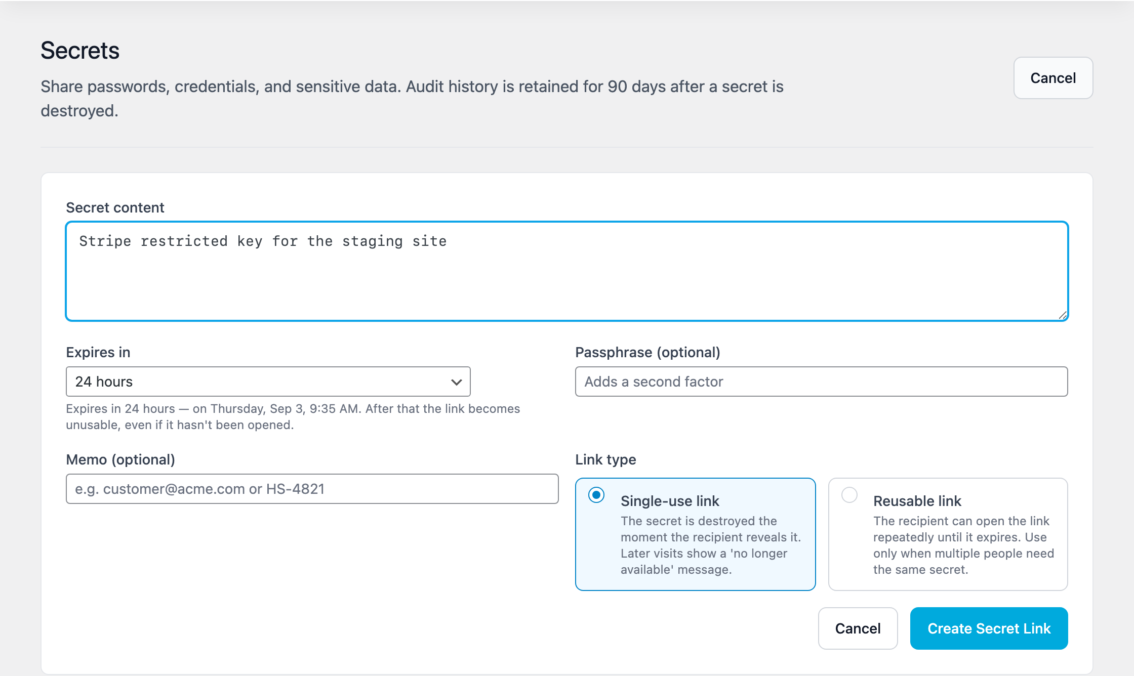 The Secrets screen in TrustedLogin's WordPress admin, creating a new secret: a Secret content field holding 'Stripe restricted key for the staging site', an Expires in dropdown set to 24 hours with the exact expiration time shown below it, an optional Passphrase field, an optional Memo field, and a Link type choice between Single-use (destroyed the moment it's revealed) and Reusable (stays live until it expires), with a Create Secret Link button.