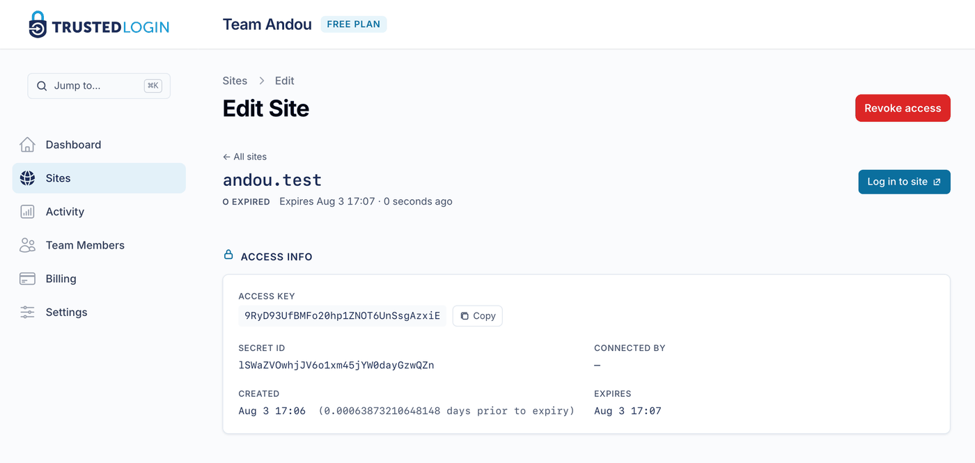 A single site's record in TrustedLogin, showing the site domain, its expiry time, a Log in to site button, a Revoke access button, and an Access Info panel listing the access key, secret ID, who connected it, when it was created and when it expires.